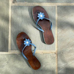 COACH Blue Daisy Leather Flip-Flops